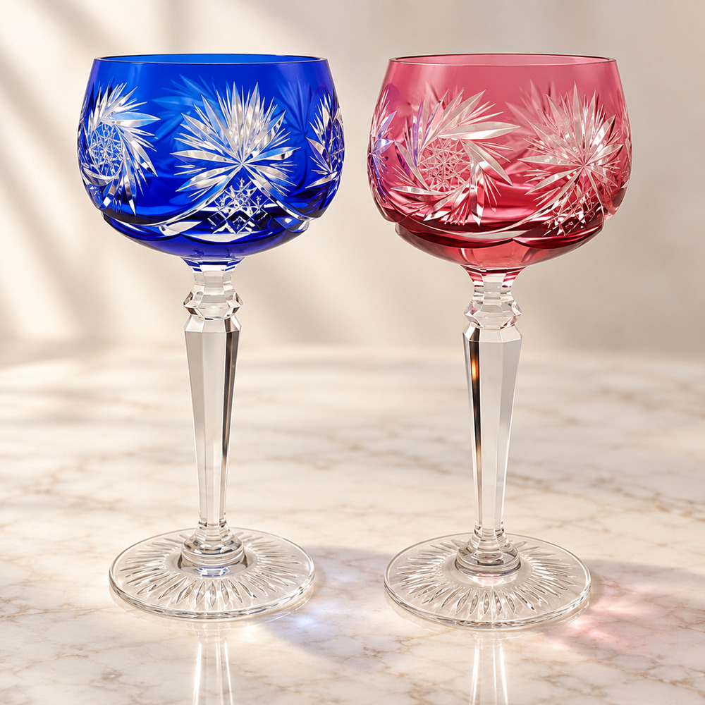 Vintage Nachtmann Astra Cut Crystal Goblets Pair Germany Starburst Faceted Stem